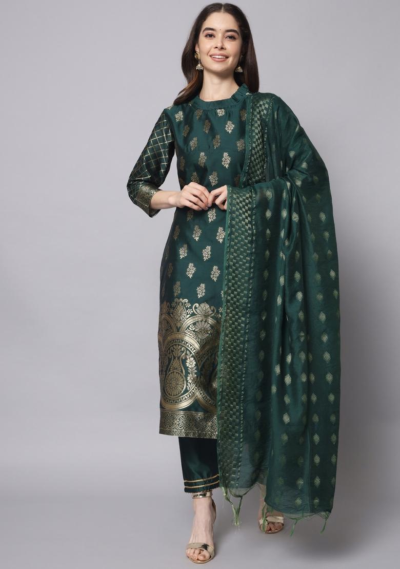 Green Motif Silk Kurta Set - Indya