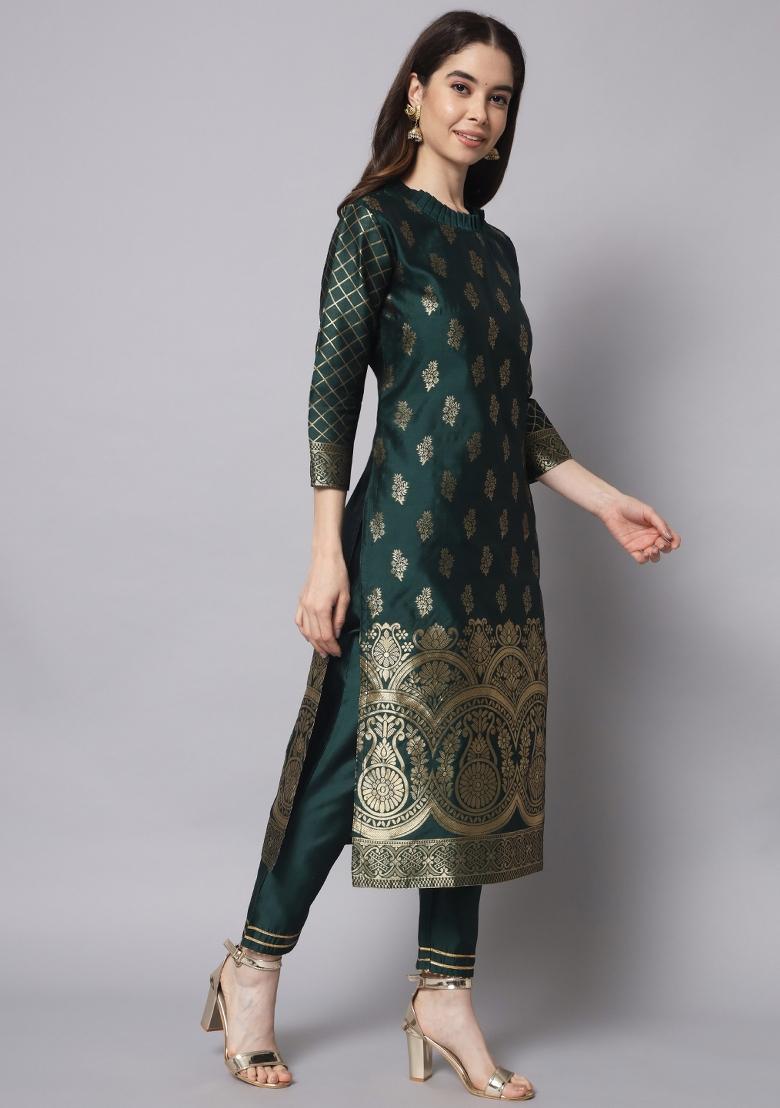 Green Motif Silk Kurta Set - Indya