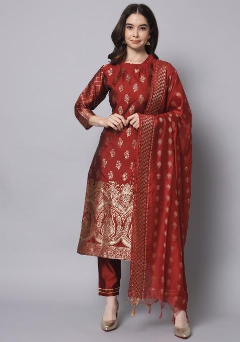 Maroon Motif Silk Kurta Set