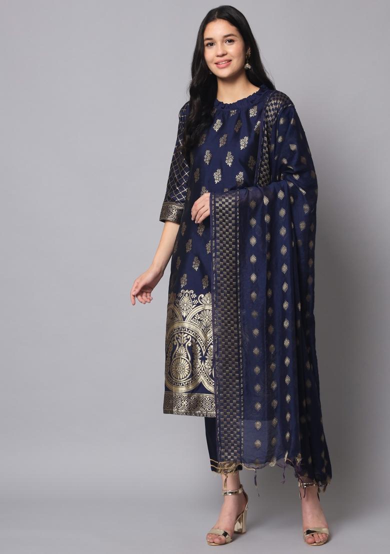 Navy Blue Motif Silk Kurta Set - Indya
