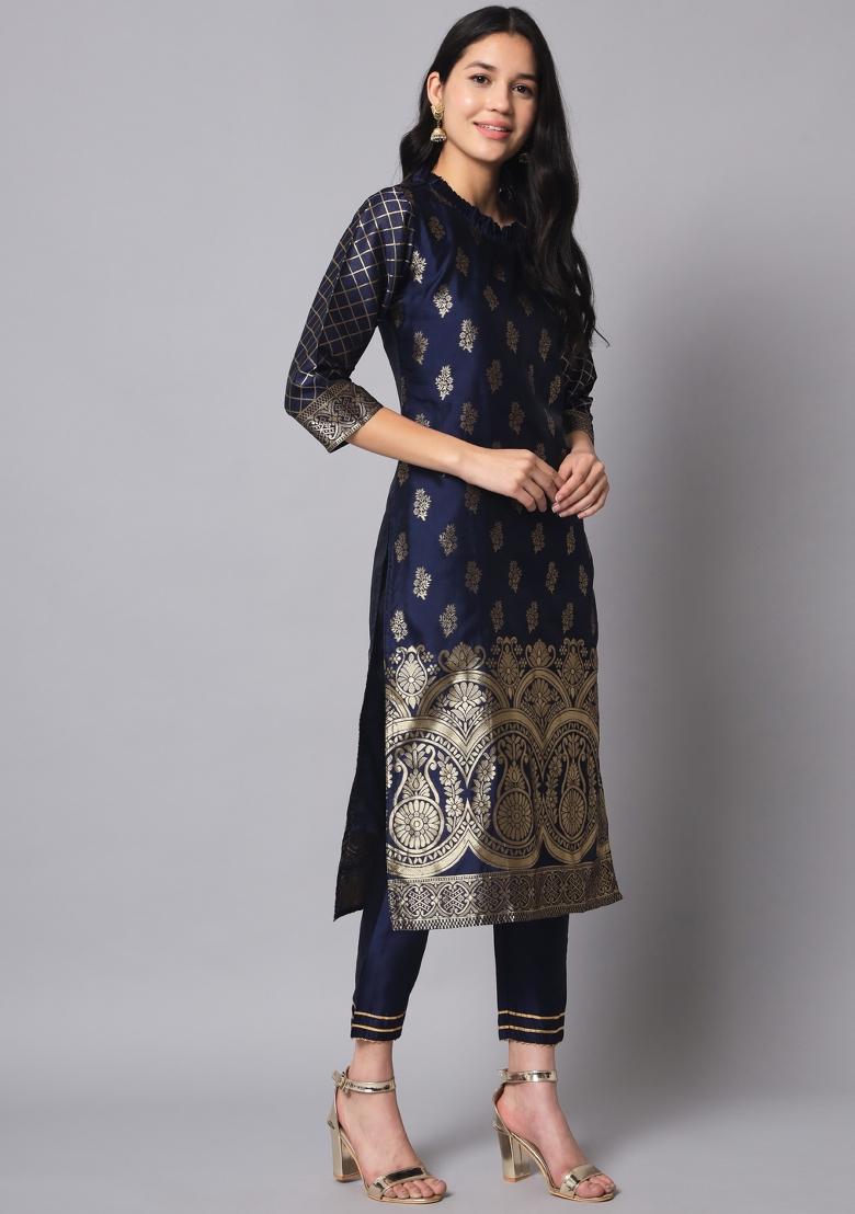 Navy Blue Motif Silk Kurta Set - Indya