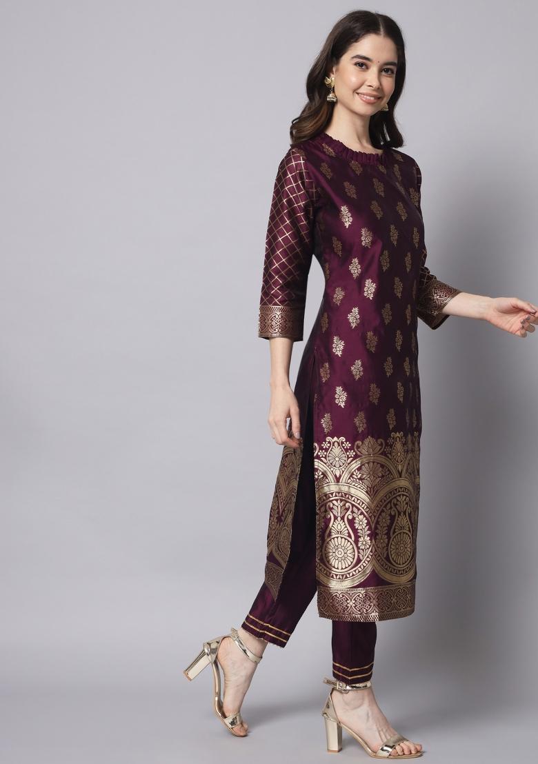 Wine Motif Silk Kurta Set - Indya