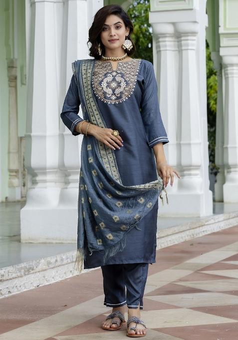 Grey Motif Silk Kurta Set