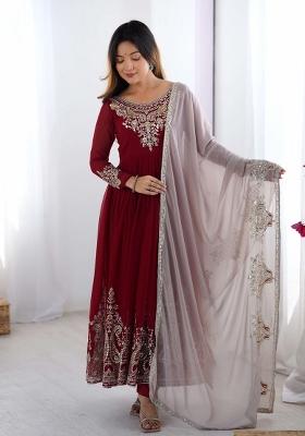 Maroon Motif Georgette Kurta Set