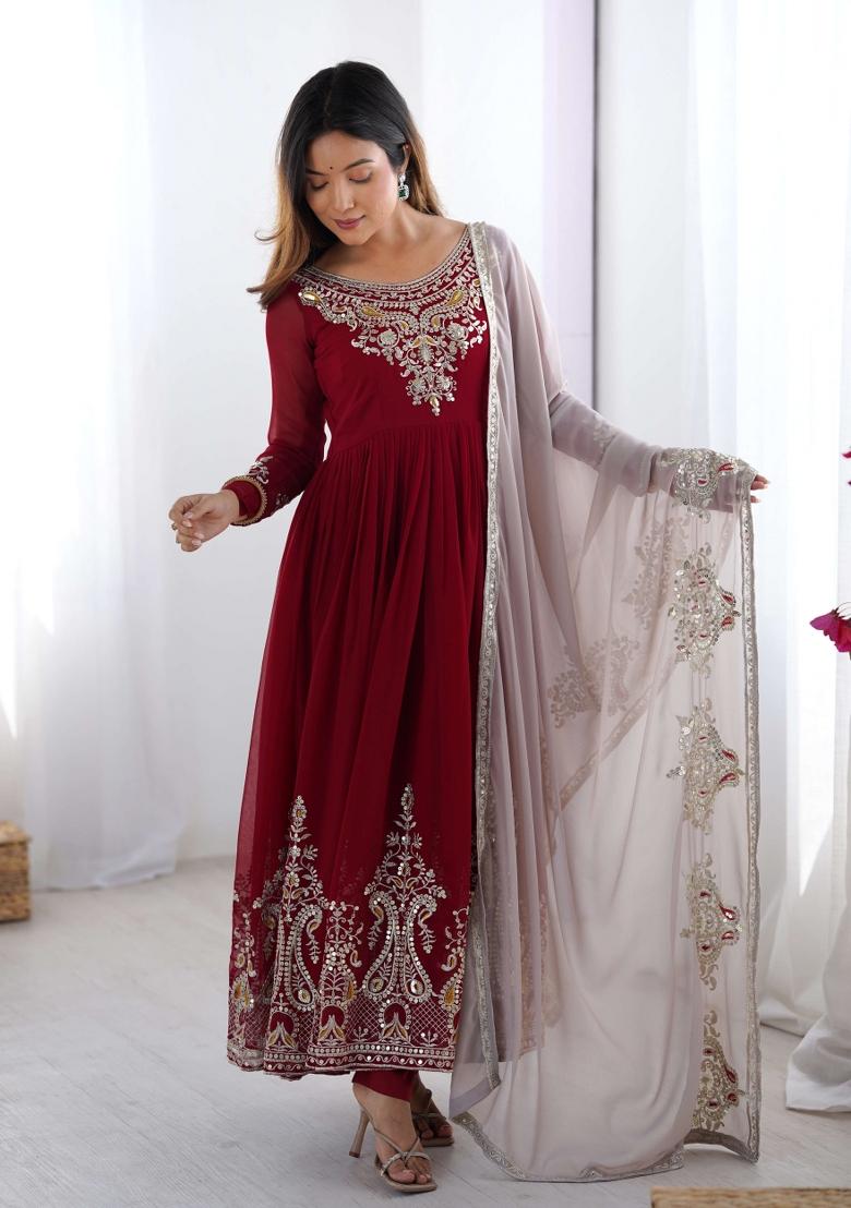 Maroon Motif Georgette Kurta Set - Indya