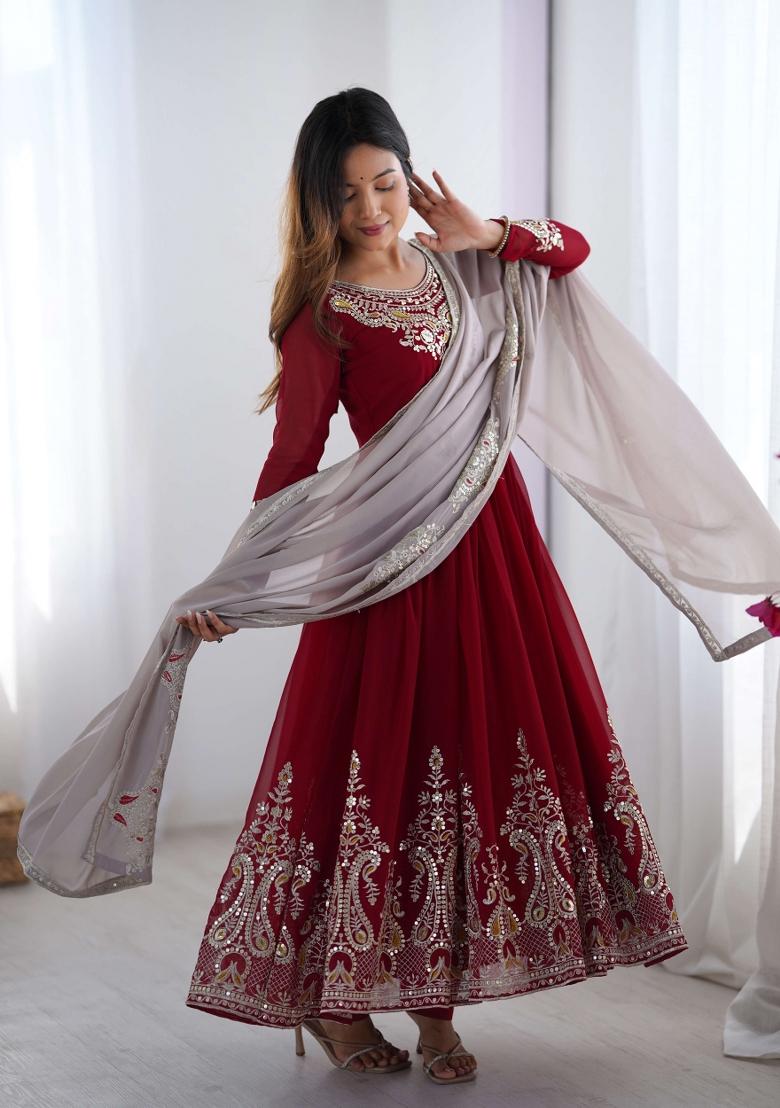 Maroon Motif Georgette Kurta Set - Indya