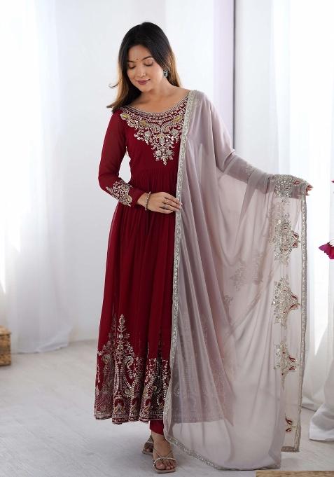 Maroon Motif Georgette Kurta Set