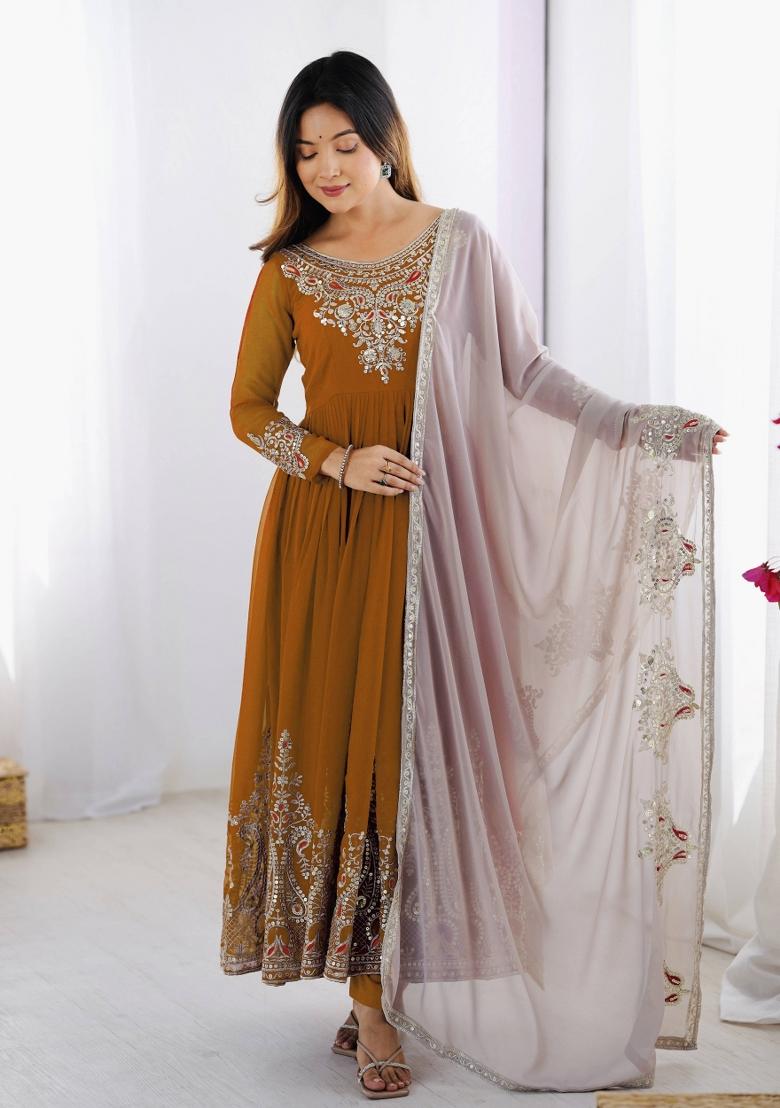 Mustard Motif Georgette Kurta Set - Indya