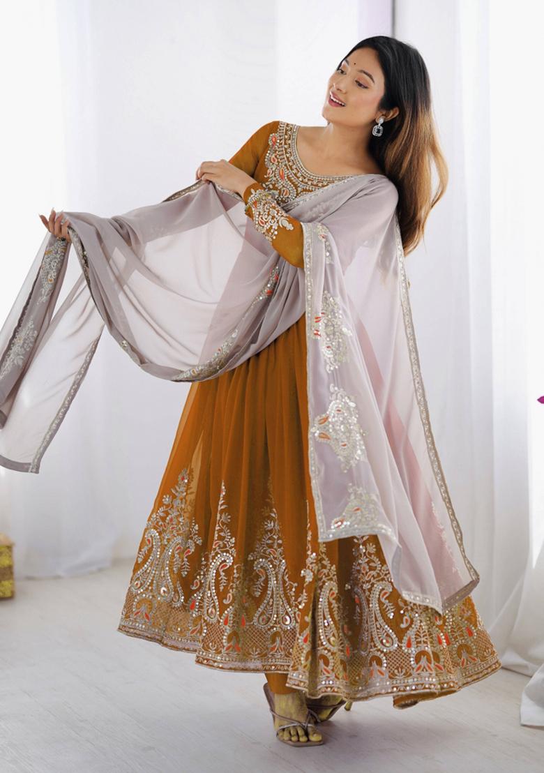 Mustard Motif Georgette Kurta Set - Indya