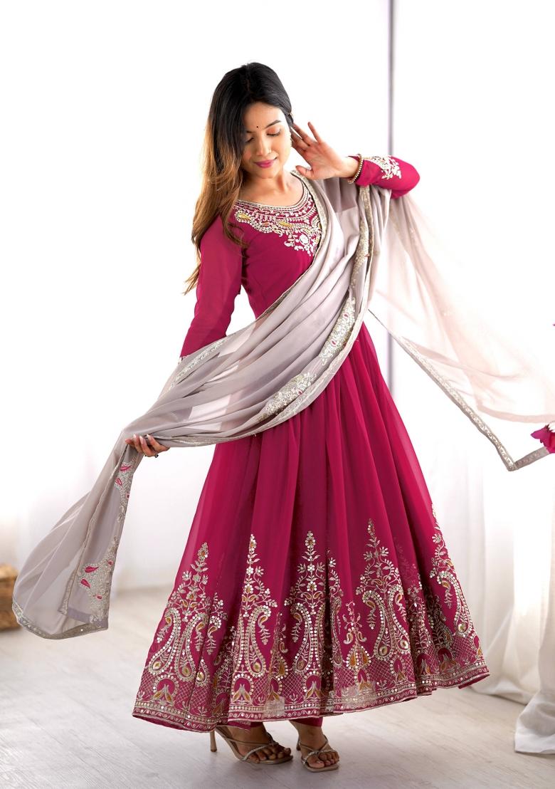 Pink Motif Georgette Kurta Set - Indya