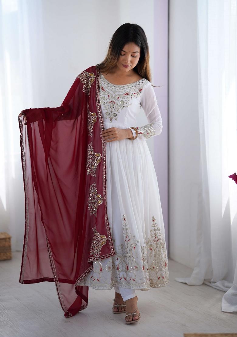 White Motif Georgette Kurta Set - Indya