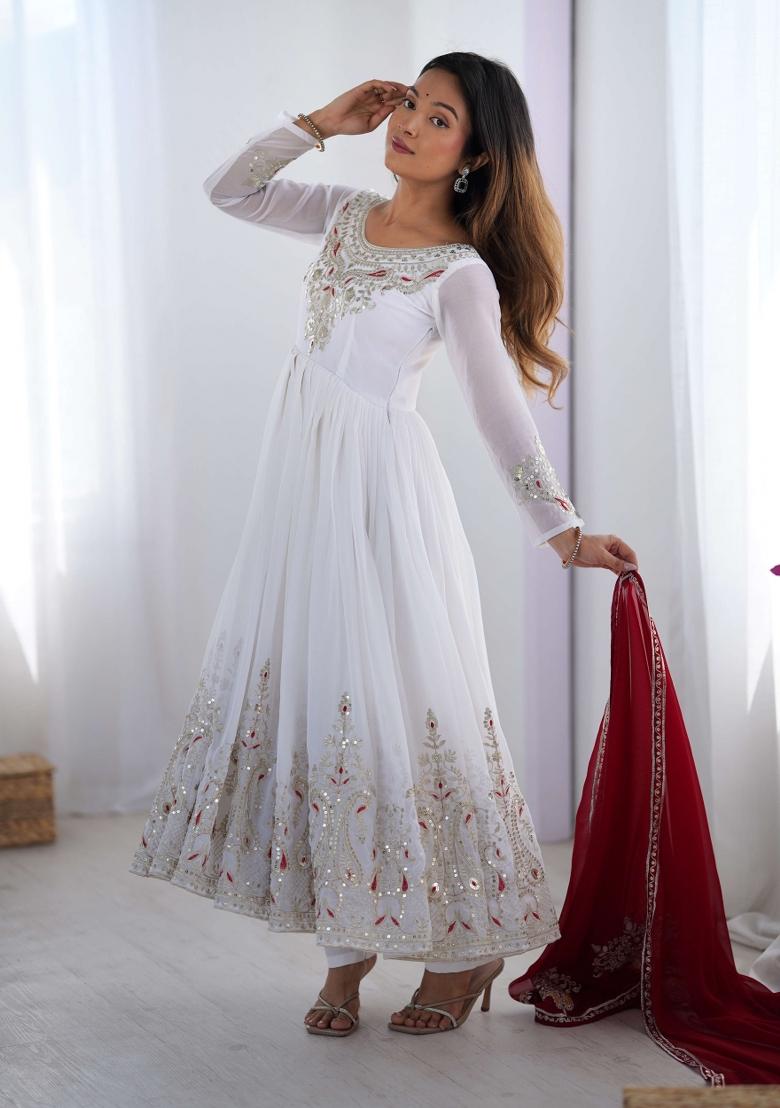 White Motif Georgette Kurta Set - Indya
