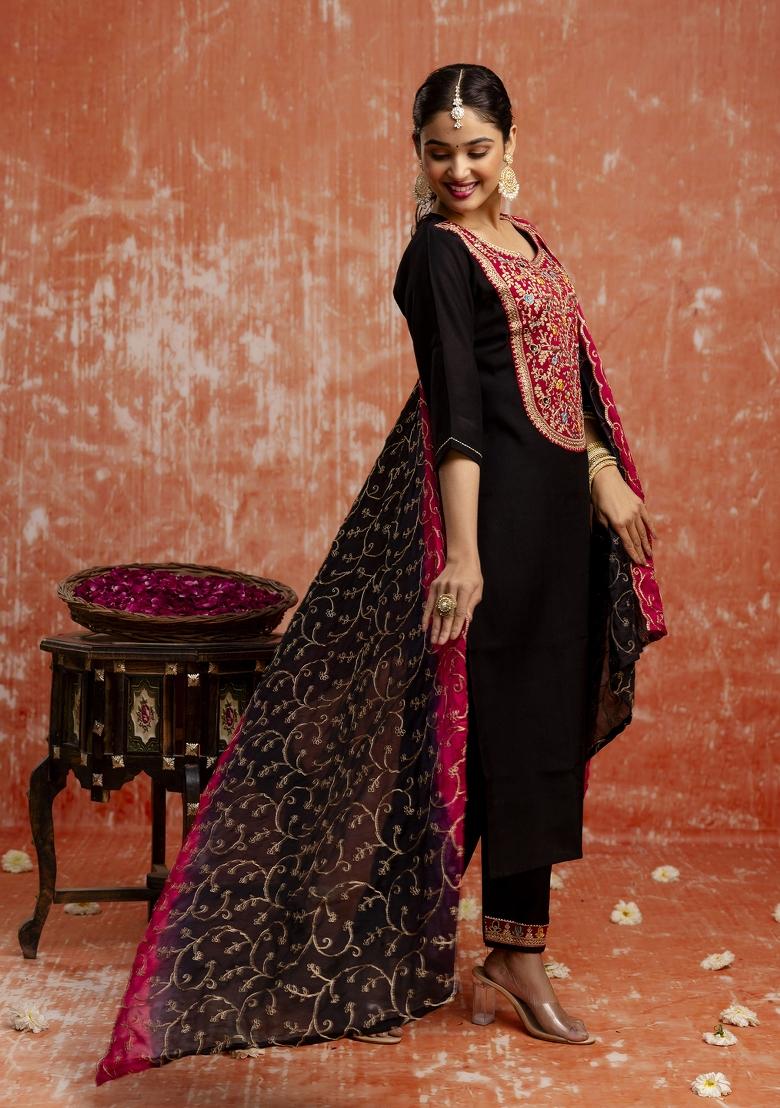 Black Motif Viscose Rayon Kurta Set - Indya