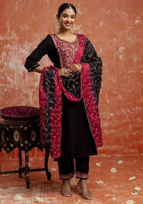 Black Motif Viscose Rayon Kurta Set