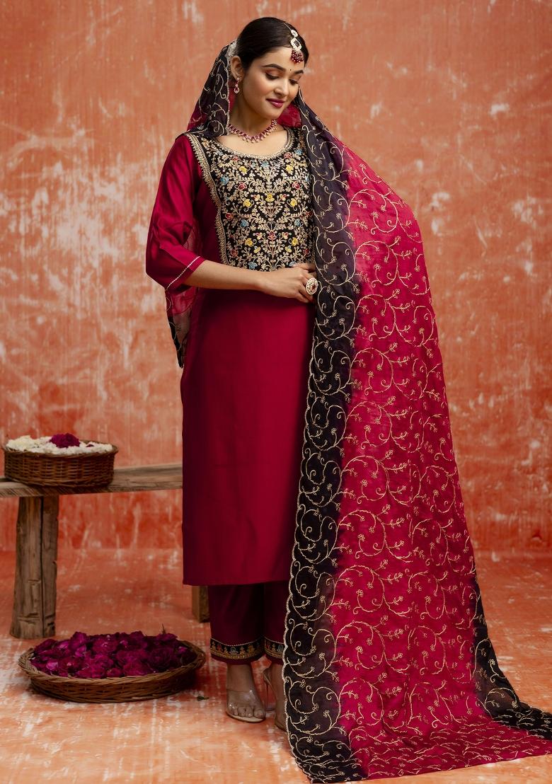 Pink Motif Viscose Rayon Kurta Set - Indya