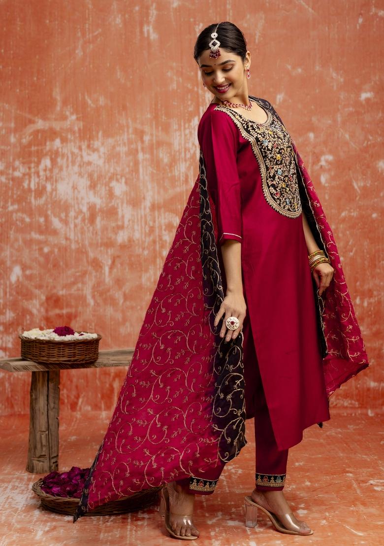 Pink Motif Viscose Rayon Kurta Set - Indya