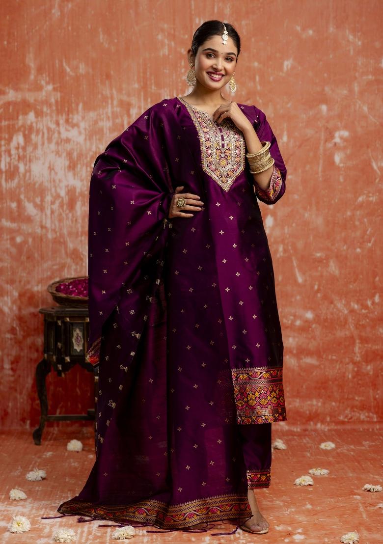 Purple Motif Silk Kurta Set - Indya