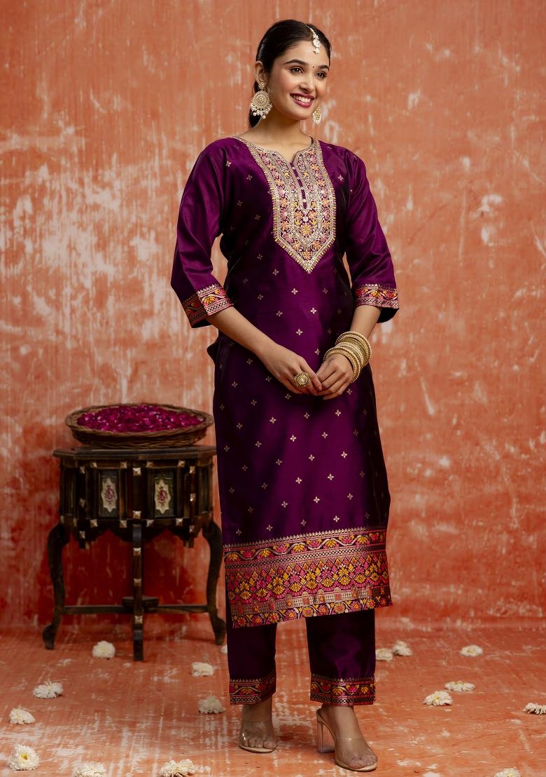 Purple Motif Silk Kurta Set - Indya