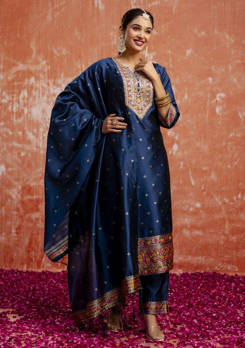 Blue Motif Silk Kurta Set - Indya
