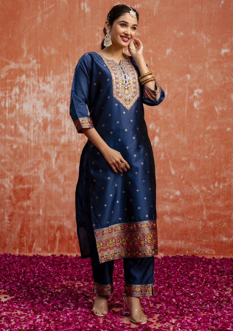 Blue Motif Silk Kurta Set - Indya