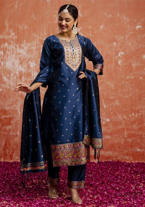 Blue Motif Silk Kurta Set