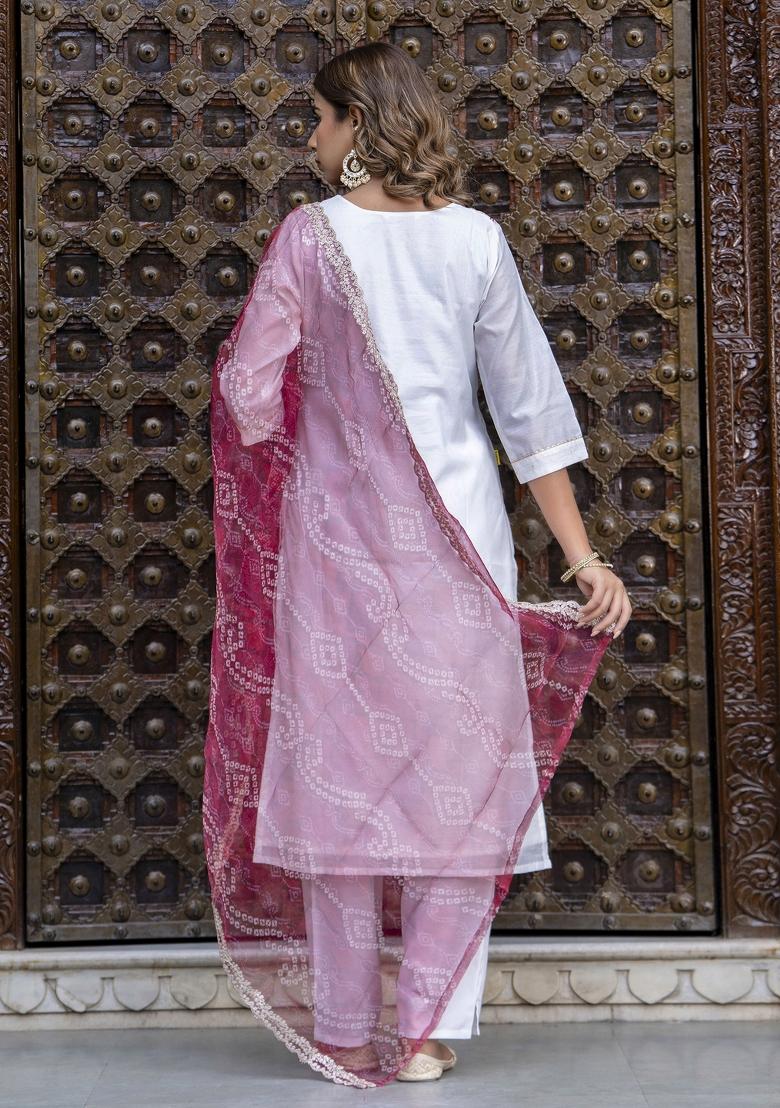 White Motif Silk Kurta Set - Indya