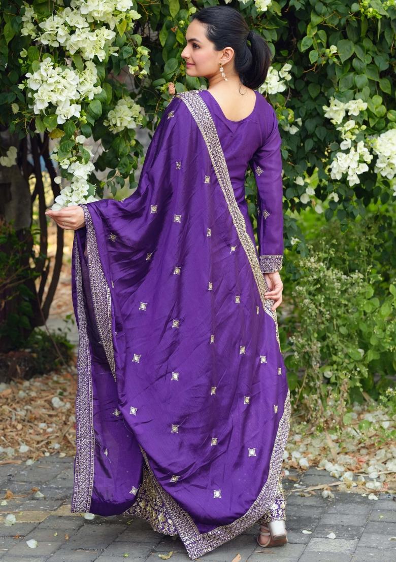 Purple Motif Chinon Kurta Set - Indya