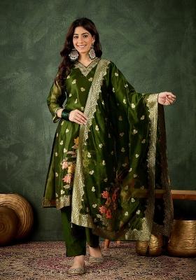 Mehendi Green Motif Silk Kurta Set