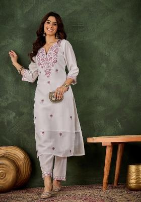 White And Lavender Motif Silk Kurta Set