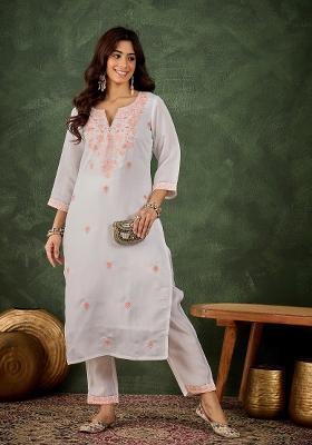 White And Peach Motif Silk Kurta Set