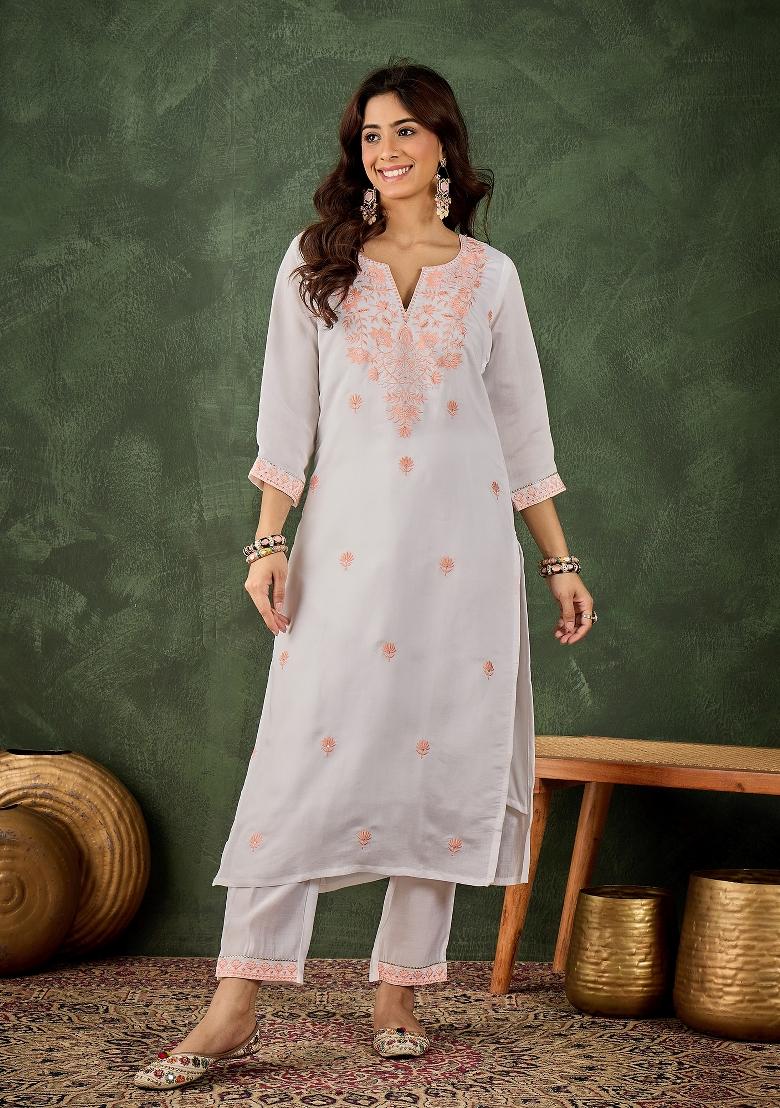 White And Peach Motif Silk Kurta Set - Indya