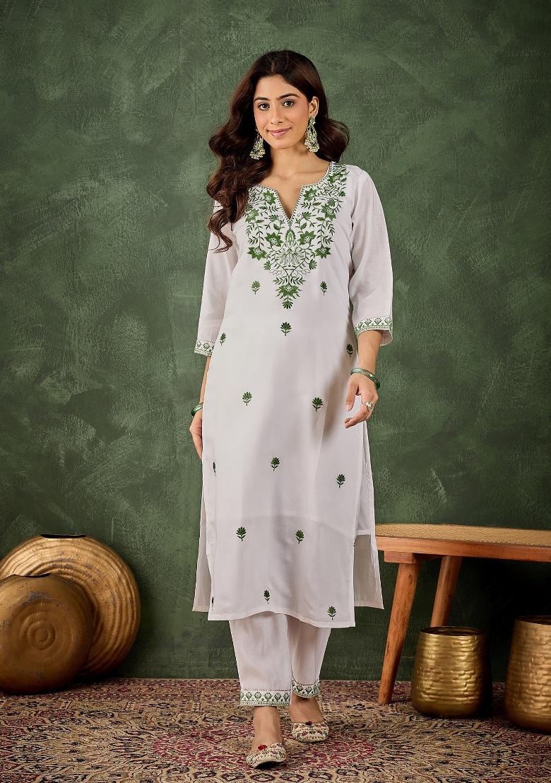 White And Pista Motif Silk Kurta Set - Indya