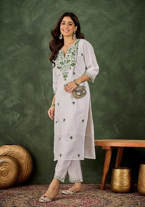 White And Pista Motif Silk Kurta Set