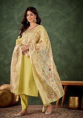 Light Yellow Motif Silk Kurta Set