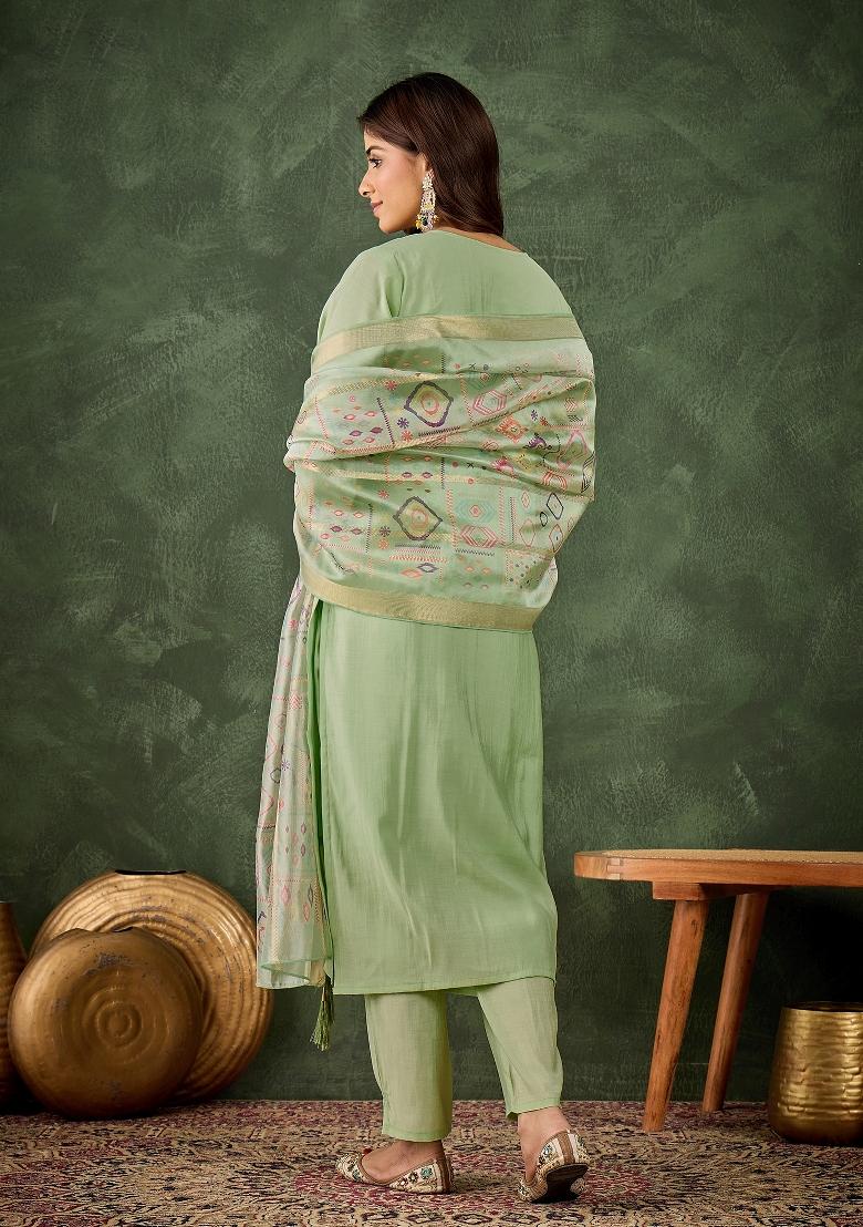 Sea Green Motif Silk Kurta Set - Indya