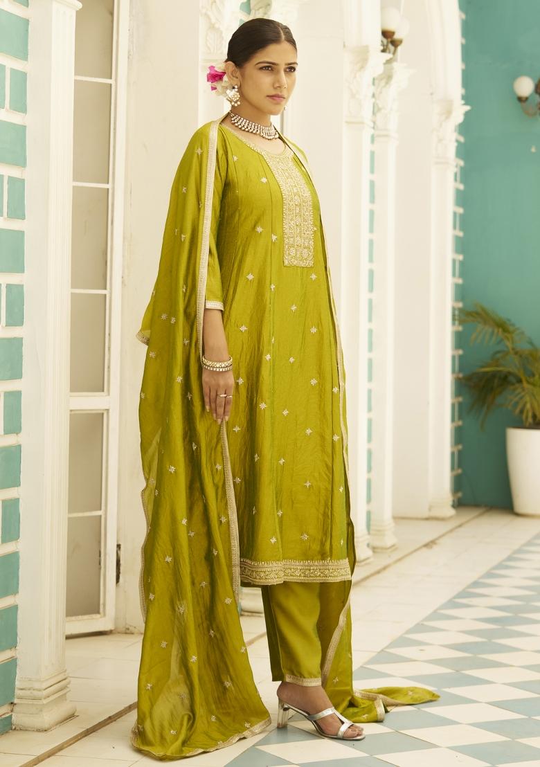 Lemon Motif Silk Kurta Set - Indya