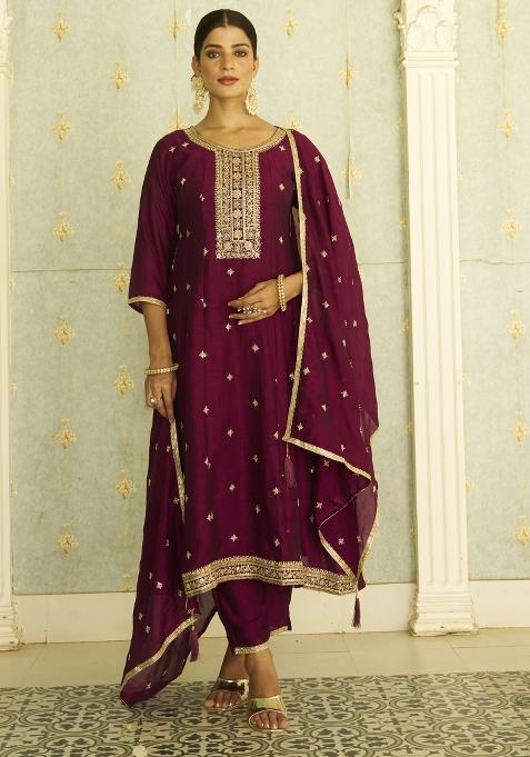 Purple Motif Silk Kurta Set