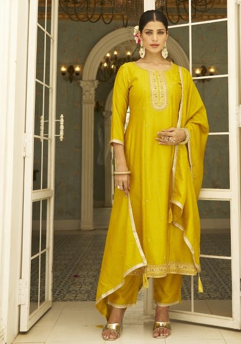 Yellow Motif Silk Kurta Set