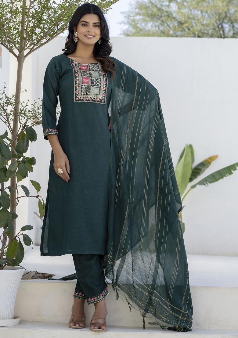 Green Motif Cotton Blend Kurta Set - Indya