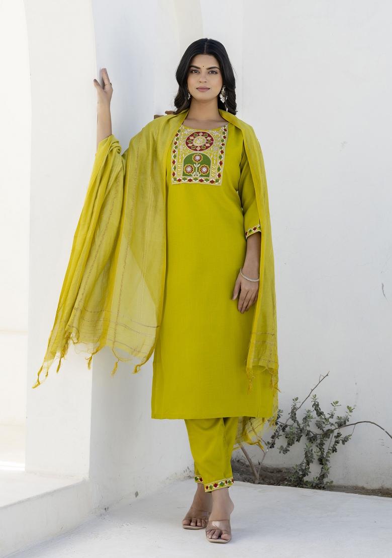 Lemon Motif Cotton Blend Kurta Set - Indya