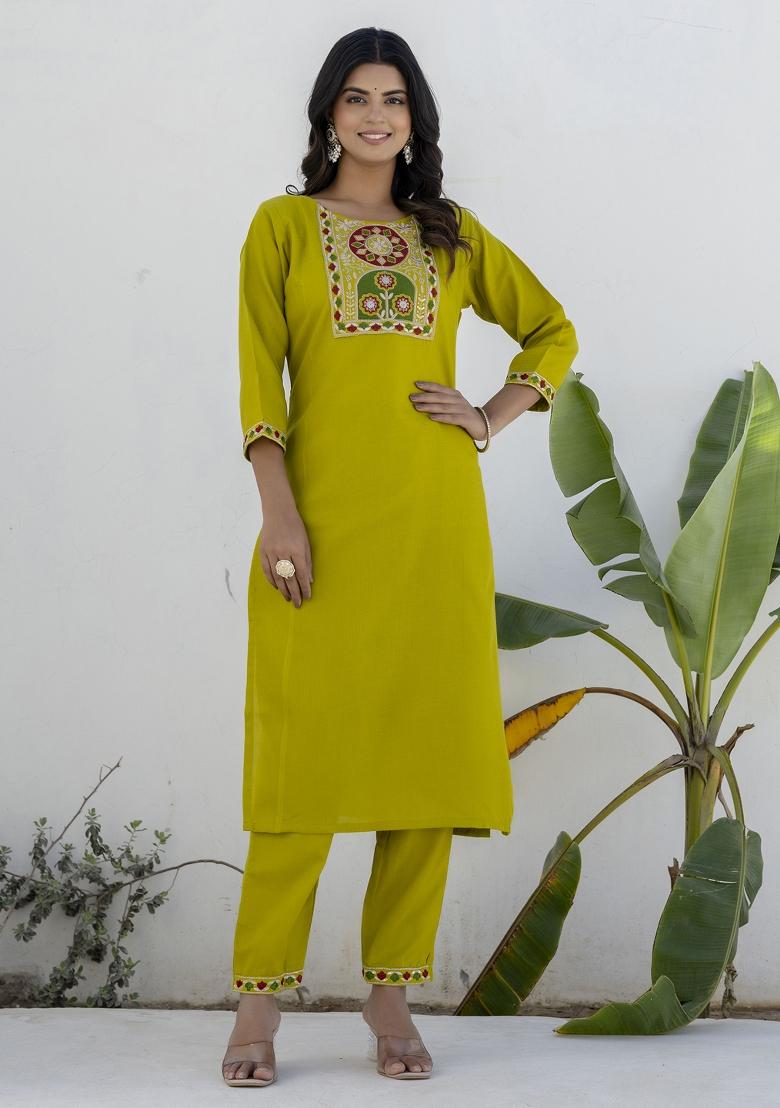 Lemon Motif Cotton Blend Kurta Set - Indya
