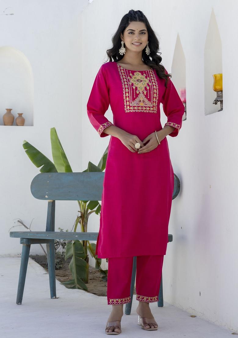 Pink Motif Cotton Blend Kurta Set - Indya