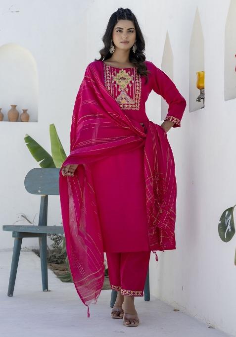 Pink Motif Cotton Blend Kurta Set