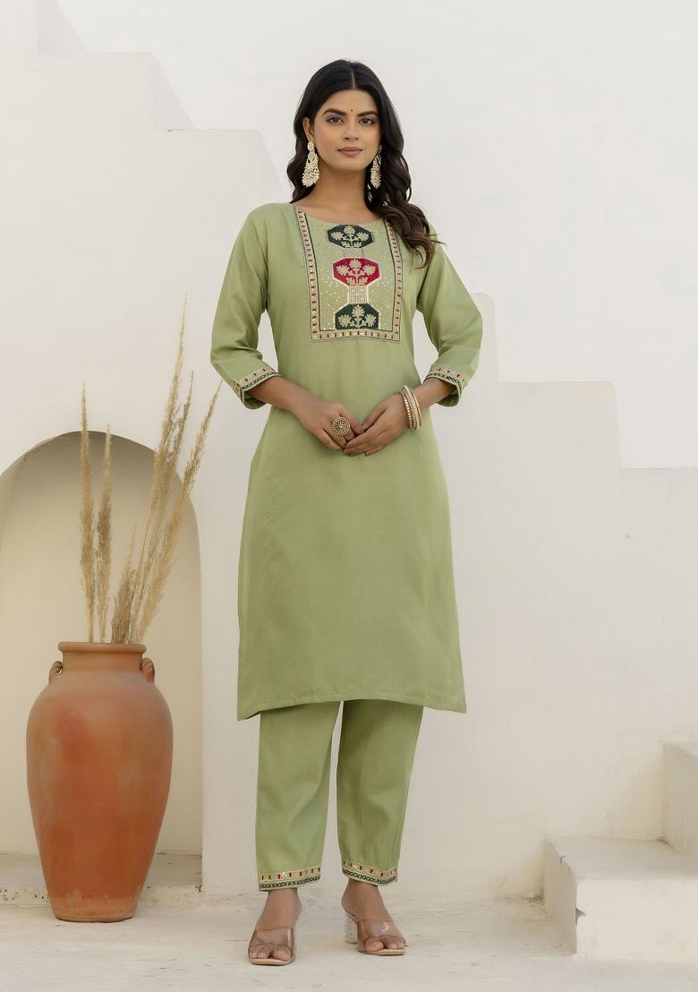 Pista Motif Cotton Blend Kurta Set - Indya