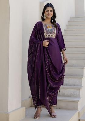 Purple Motif Cotton Blend Kurta Set