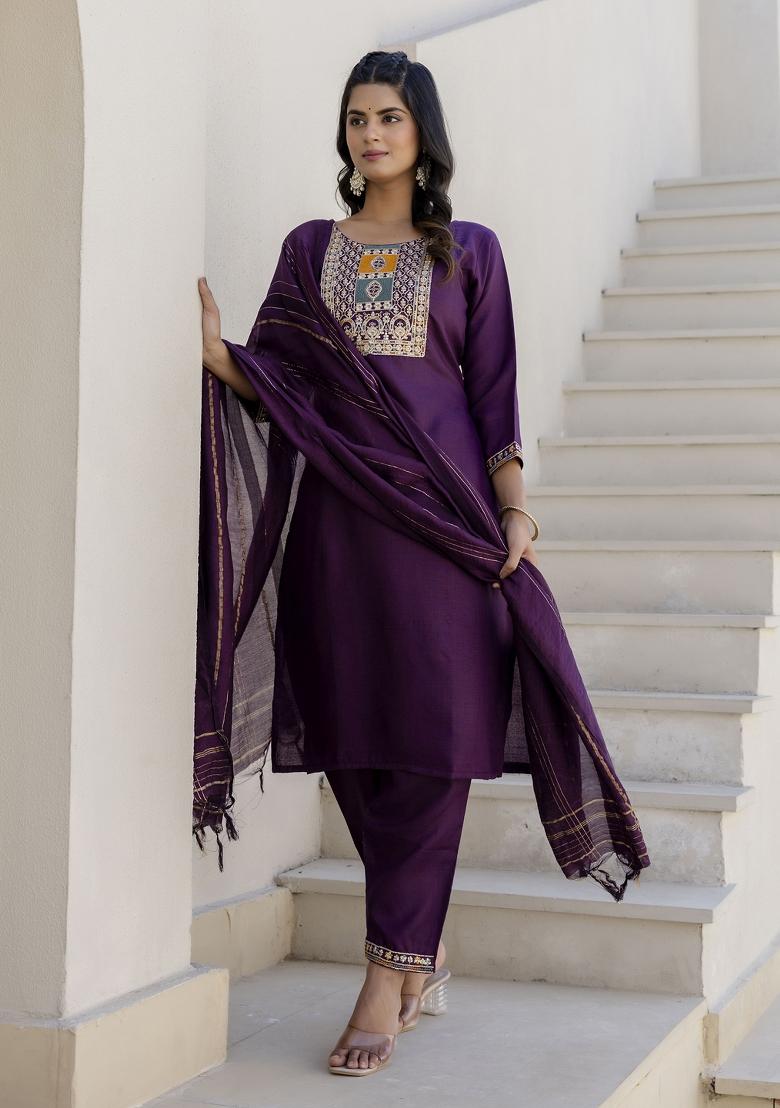 Purple Motif Cotton Blend Kurta Set - Indya