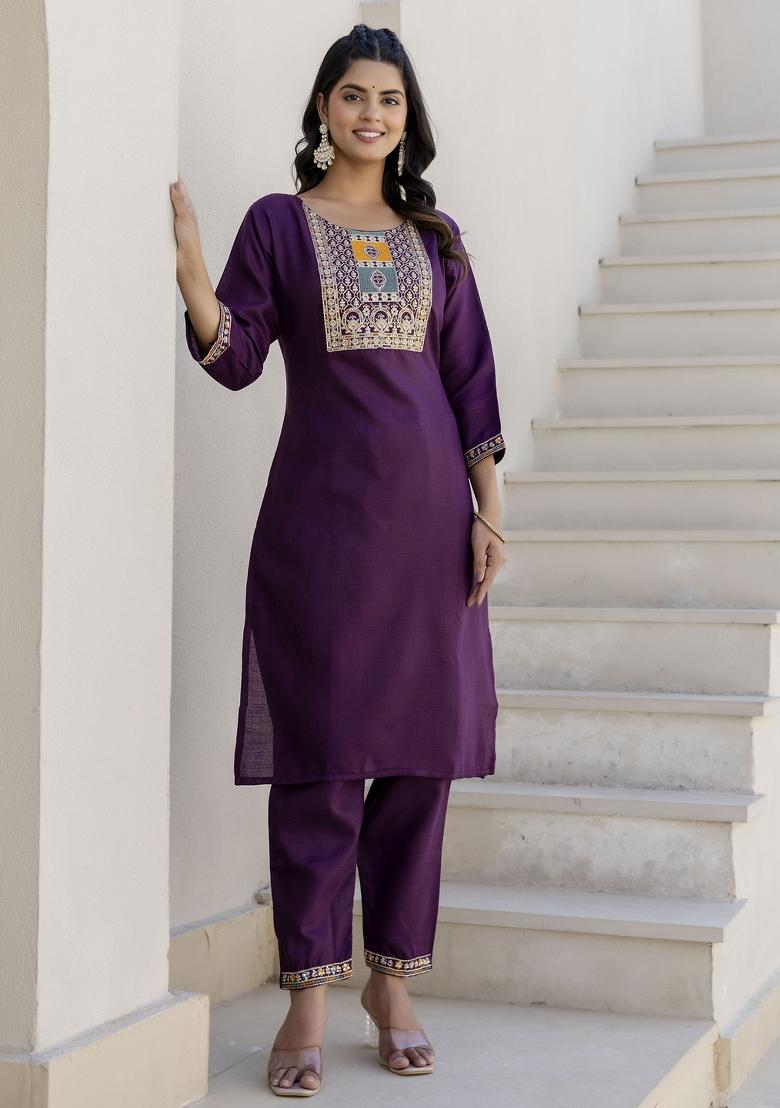 Purple Motif Cotton Blend Kurta Set - Indya