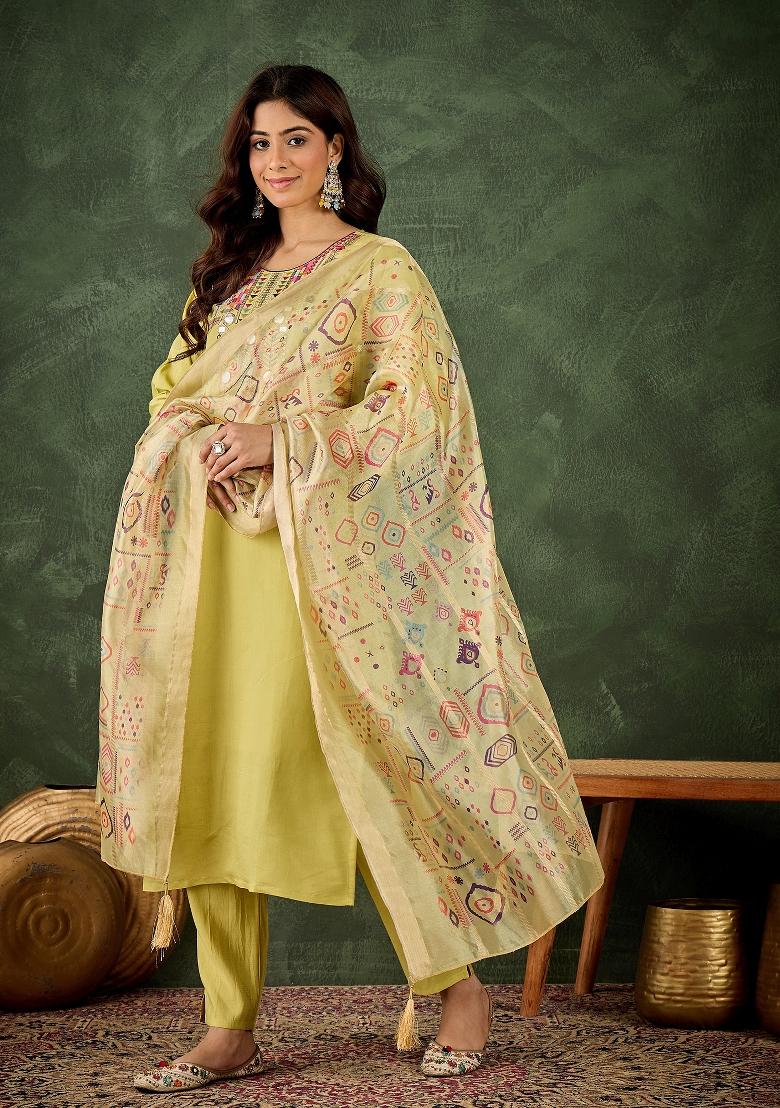 Light Yellow Motif Silk Kurta Set - Indya
