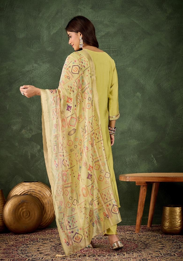 Light Yellow Motif Silk Kurta Set - Indya