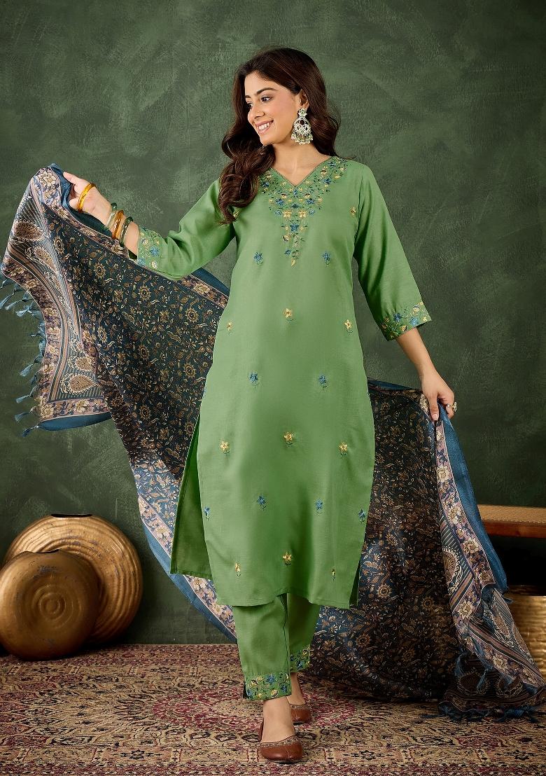 Green Motif Cotton Blend Kurta Set - Indya